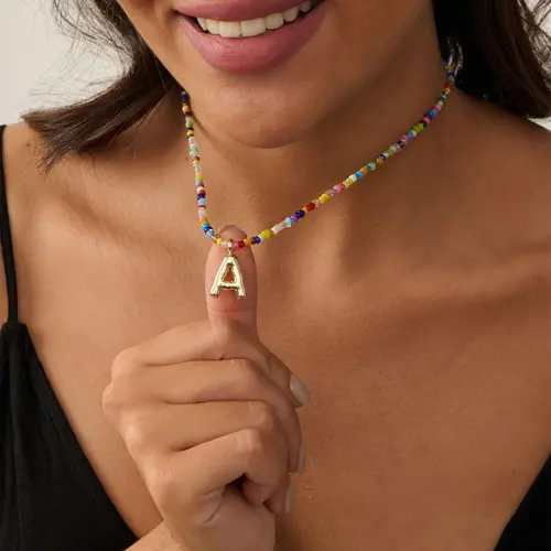 Women's Initial Necklace - Bohemian Bright Colored Beaded Choker with Natural Pearl, Gold-Plated Letter Pendant, Meaningful Costume Jewelry Gift, Bright Colored Necklaces,sohochic