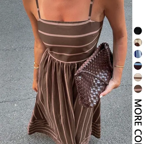 Women's Striped Print Casual Summer Vacation Square Neck Thin Strap Dress, French Vintage Style, Perfect for Holidays, Flowy Summer Dress