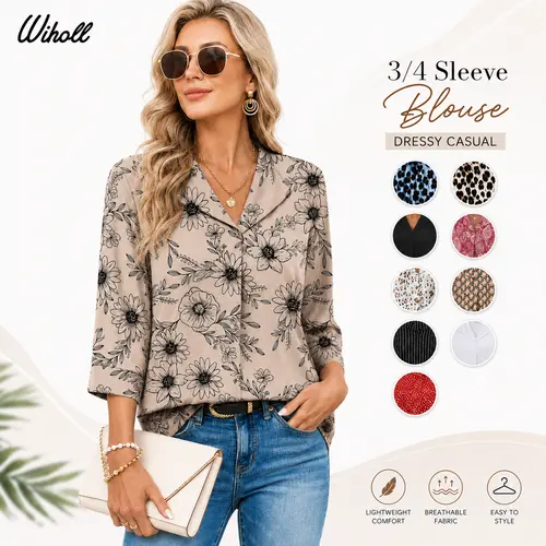 WIHOLL Women's Chic 3/4 Sleeve V-Neck Blouse - Soft, Breathable, Quick Dry Business Casual Top, Women's Tops and Blouses, Corporate Office Wear, Summer to Fall Essential, Going Out Option,sohochic