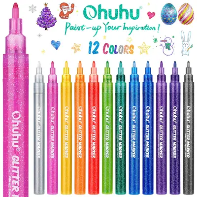 Ohuhu Glitter Markers Pen: Fine Tip - 12 Glitter Colors - 0.7mm Fine Tip - Metallic Shimmer Marker Fine Tip Water-based Ink for Kids Adults DIY Crafts Greeting Birthday Cards Making Mugs Wood - Glitter Marker of Ohuhu