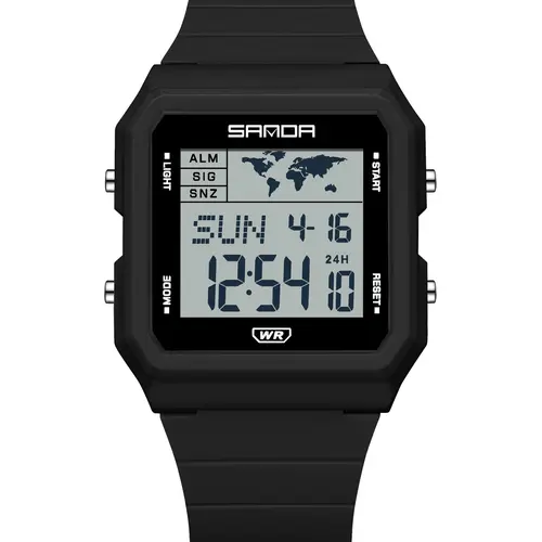 Sanda 2217 Retro Square Electronic Watch, World Map Dial, 50m Waterproof Wrist Watch, Dual Time Zone, Night Light, Thin Student Watch