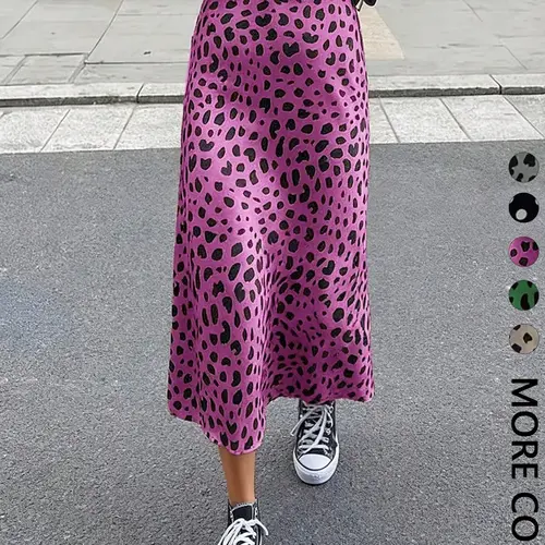 Women's Leopard Print Midi Skirt, High Waist, Smooth Woven Fabric,  Casual Daily & Street Style Wear, Edgy Retro Style, All Season Skirts
