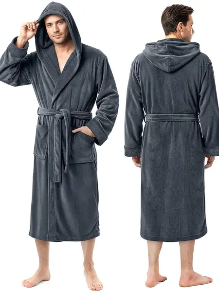 NY Threads Men's Classic Coral Fleece Hooded Robe - Soft Plush Menswear Nightwear with Pockets, Waist Belt, Larger Sizes Fit, Mensfashion Loungewear - Ideal Father's Day Gifts for Him