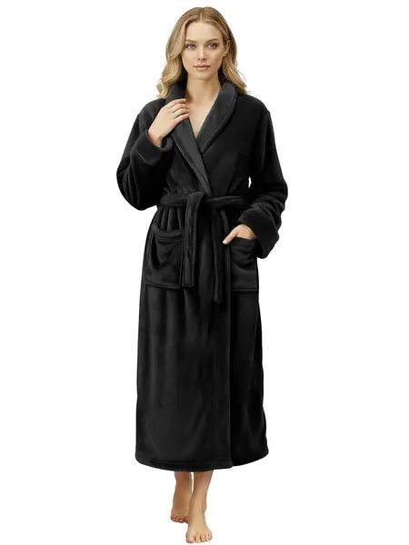 NY Threads Women's Soft Fluffy Fleece Shawl Collar Long-Sleeve Bathrobe with Pockets, Adjustable Belt, Fit Plush Loungewear Gown