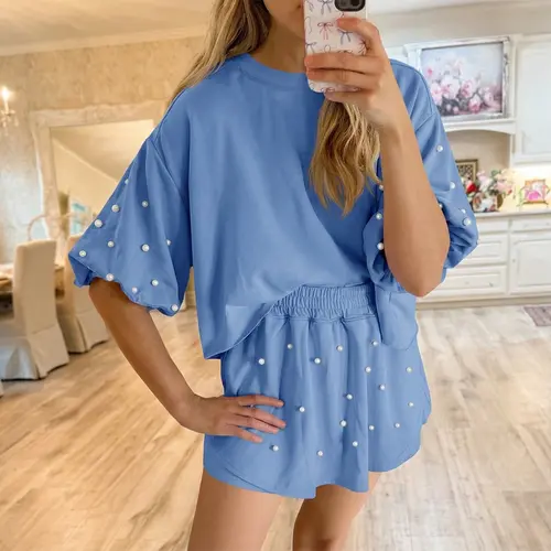 Fisoew Womens 2 Piece Pearl Decor Puff Sleeve Loungewear Set Oversized Short Sleeve Top Shorts Soft Knit Casual Set for Daily Wear Gamis Womenswear Women's Clothes SohoChic