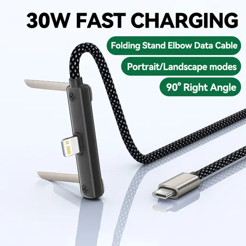 KAXOE 30W 90-Degree Angled Electronic Game Charger Cable, Built-in Folding Phone Holder, Fast Charging USB to L Cable for iPhone 11 12 13 14 Pro Max, Smartphone, Cellphone, iPad