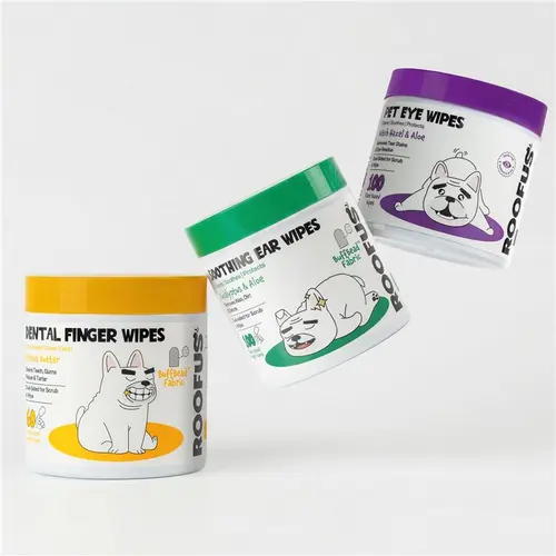 Roofus Clean Pup 3-Pack Dual-Sided Grooming Wipes Set - Buffbead Fabr. Finger Wipes for At-Home Grooming: 60 Peanut Butter, 100 Eucalyptus & Aloe (Cleans Deep Into Ear Canal), 100 Witch Hazel & Aloe, Easy Finger Use for Quick Care