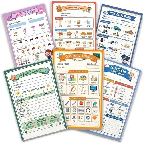 Pretend Play Notepads 6-Pack Role-Play Sets - 6x4 Inch Thick Paper, 40 Each, Restaurant/Doctor/Police Themed Pads for Kids (Office & School Supplies)