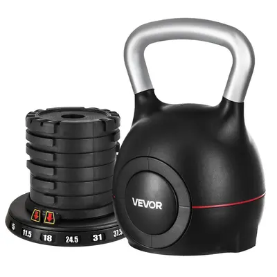 VEVOR Adjustable Unisex Kettlebell, 7 Levels (5,11.5,18,24.5,31 lbs,37.5,44 lbs), Aluminum Alloy & ABS Material, Flat Electroplating Grip Handle, Shock Absorb Durable Home Gym Strength Training Equipment for Grip Strength Boost