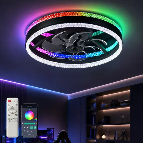 VALLERICO Contemporary RGB Fan Light Fixture Ceiling Lighting, Modern Flush Mount Low Profile Indoor Unit with Dual Color Changing Light, 6-Speed Quiet Reversible Motor, Remote Control, for Bedroom, Kids Room, Home Office, Ceiling Lights, SohoChic