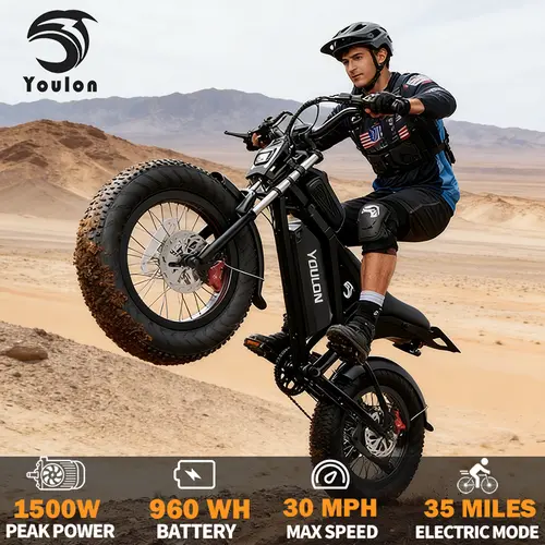 [Y10]YOULON 1500W Peak  Electric Bike for Adults, 30MPH, 48V 23Ah Removable Battery, 20"x4" Fat Tire All-Terrain Ebike, 7-Speed Shimano, Dual Hydraulic Brakes, Full Suspension, 330LBS Load, IPX6 Waterproof Off-Road E-Bike, Brushless Motor, Fastcharging