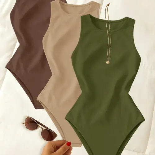Women's New Sleeveless Jumpsuit, Slim Fit Plain Color Backless Top, Casual All-Season, Basic, Versatile Inner and Outer Wear