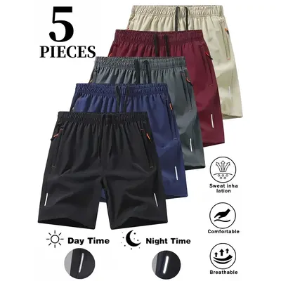 Men's 5-Pack Fitted Elastane Gym Shorts, Dry-Fit Solid Color Activewear with High Stretch, Zipper Pockets, Drawstring Waist & Sporty Chic Athleisure Style