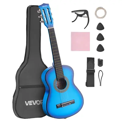 【Summerfinds】30-Inch VEVOR Retro Wood Finish Classical Guitar Starter Kit, Fingerfriendly Nylon Strings, Gig Bag, Shoulder Strap, Tuner, Extra Strings, Picks, Capo, Basswood for Beginner Kids Students, Traveling Blue Musical Toy
