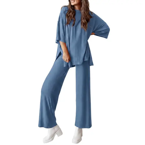 VVZ Women’s Oversized 2 Piece Set Casual Loose T Shirt & Wide Leg Pants Lounge Outfit 95% Rayon 5% Spandex Soft Lightweight Breathable Comfy Pajama Set for Women Daily Home Wear, 2 Piece Sets, Woman 2 Piece Set Flowy Top
