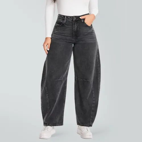 Women's High Waist Barrel Jeans, Oversized Silhouette Pants in Non-Stretch Rigid Denim Fabric with Functional Pockets and Zipper Fly Daily Outfit Fall Fashion