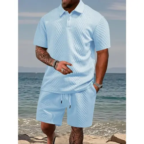 KZZ Men's Solid Color 2-Piece Casual Sport Set - Solid Polo Shirt & Drawstring Waist Shorts, Cozy Breathable Male Clothing, Matching Sets for Daily Outdoor Wear, Easy Styling,sohochic