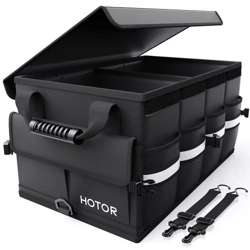 Collapsible Heavy-Duty Car Trunk Organizer with Lid - Black Edge Storage Box, 2-Section High-Capacity, Portable for SUV/Truck, Organizes Gear & Groceries, Folds Flat Automotive Interior Stowing Accessory
