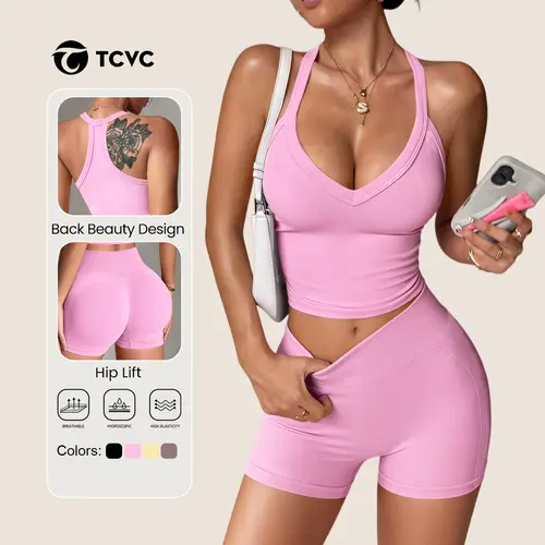 TCVC Women’s Halter V Neck 2 Piece Workout Set, Basic & Padded Bra Options, Seamless High Waist Shorts, Butt Lifting Yoga Gym Summer Outfit