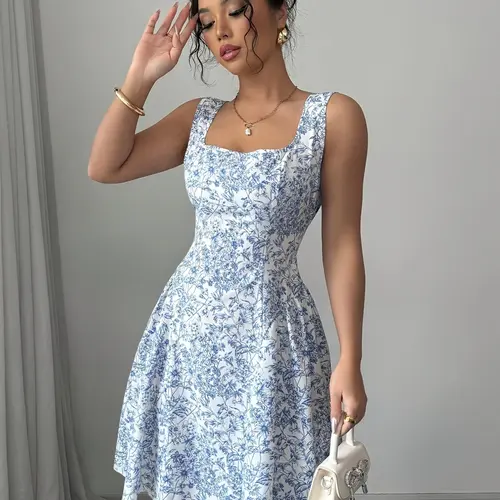Floral Bow Tie Shoulder Strap Square Neck Sleeveless Casual Boho Chic Elegant Dress, Boho Style Floral, No Back Straps, Fashionable and Stylish, Womenswear, Summer, Perfect for Various Occasions