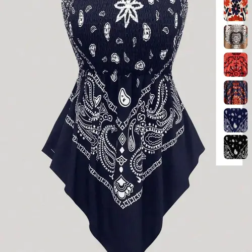 Plus Size Women's Ethnic Print Strapless Sleeveless Top, Bohemian Style Asymmetrical Hem Tube Top, Casual Summer Fashion Top Fit Vibe