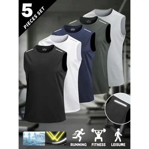 Summervibes.5-pack Men's Summer Breathable Cool Outdoor Sports Short Sleeve Oversized Trendy Sleeveless T-Shirt For Men Fitness Running Summer Outfits Men’s Shirts Gifts For Him Tees Menswear Top Tropical tiktokshopspringglowup