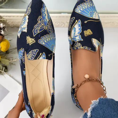 Women's Spring and Autumn Pointed-Toe Low-Heel Flats, Casual Versatile Loafer-Style Shoes with Butterfly Print, Soft-Sole Slip-Ons for Weddings, Casual Dancing, and Daily Wear