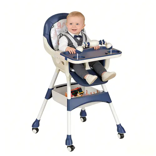 Baby High Chair with Dual Tray, Adjustable Height, Lockable Wheels & Storage Basket | Portable Toddler Dining Chair double removable