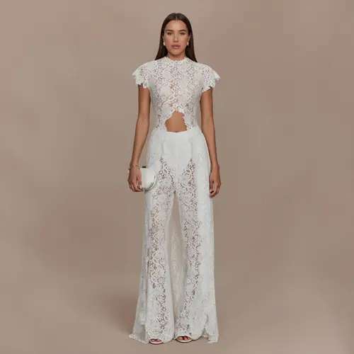 LikeMyChoice 2-Piece Boho Lace Set Sexy Halter Crop Top with Bell Sleeves & High-Waisted Wide-Leg Pants Trendy Eyelash Lace Outfit for Summer Festival & Beach Vacation