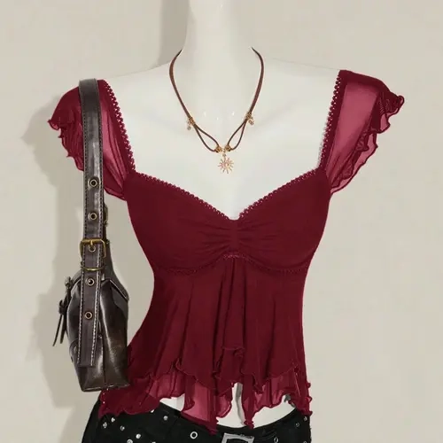 Burgundy Ruffled Sheer Mesh Babydoll Top, Y2K Sweetheart Neck Ruched Fitted Top for Women, Flowy Tiered Hem, Stretchy Fabric, Casual & Night Out Vibe
