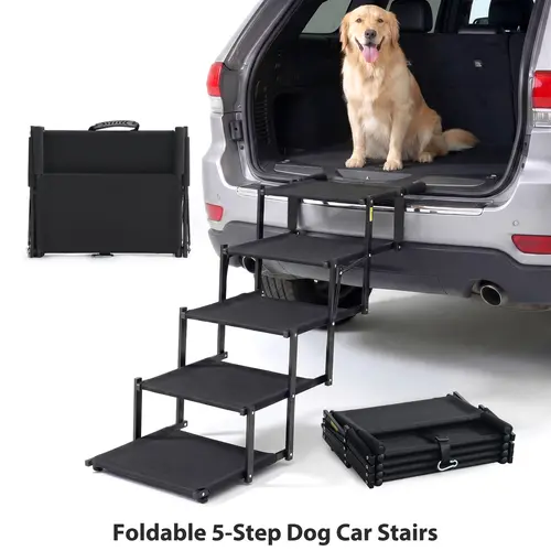 【SohoChic】 Cozila Foldable 5-Step Dog Stairs for Car with Anti-Slip Surface, Sturdy Compact Metal Frame Fabric Pet Steps, Portable Dog Ramp Alternative for SUVs & Trucks, Back to School Camping Essentials for Pet Lovers