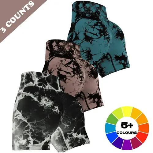 Women's 3-Piece Tie-Dyed High-Waisted Athletic Wear Shorts, Breathable Dry-Fit Lightweight Stretchy Body Shaping Slim Fit Breathable Athletic Bottoms for Gym, Yoga, Running, Dry-Fit Lightweight Stretchy Women's Sports Shorts
