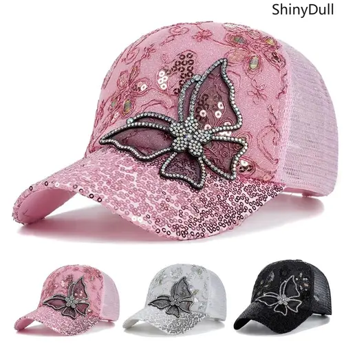 Women's Classic Baseball Cap with Glitter Butterfly Charm - Fitted Hats Women, Breathable Mesh Keeps Heat Away, One Size Sun Protection Accessory for Easy Styling Sports & Outdoor Use