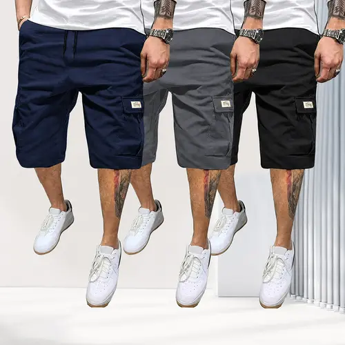 URMCZ Men's Fitted 2-Piece Chic Preppy Cargo Shorts Set - 100% Polyester Casual Summer Drawstring Color-Mixed, Lightweight, Slanted Multipocket, Versatile Beach Gym Everyday Wear (Brown, Black, Green, Pink)