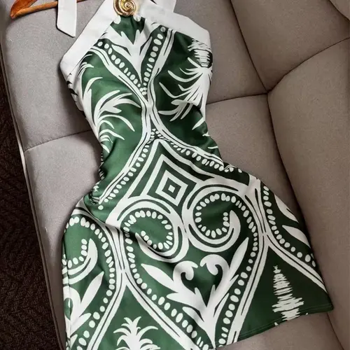 Green & White Geometric Print Halter Mini Dress, Golden Buckle Bodycon Dress for Women, Old Money Coastal Aesthetic, Casual Elegant Silky Satin Fabric Summer Dress for Vacation & Brunch, Casual Everyday Wear