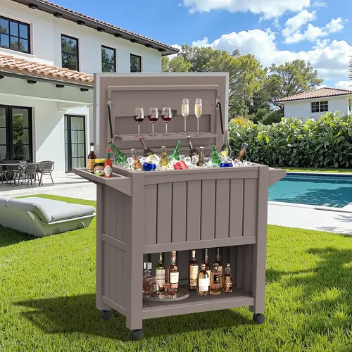 Summerwins 120 Qt Large Portable Rolling Wheeled Cooler Cart - 304 Stainless Steel Lid, Lockable Wheels - Outdoor Furniture for Summer Use, Portable Rolling Cooler