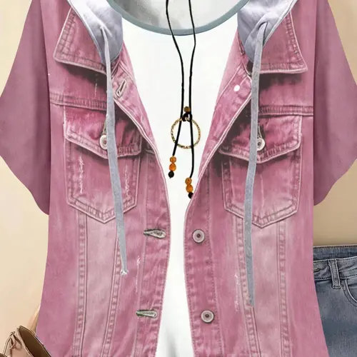 Women's Plus Size Synthetic Denim Tee, Casual Streetwear Short Sleeve T-Shirt Top with Jean Print, Perfect for Spring Summer Fall, Womenswear