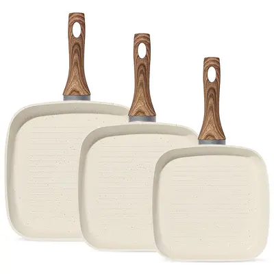 Nonstick Frying Pan Skillet Set, 3 Piece Square Grill Pans for Indoor Outdoor RV Camping Cooking, PFOA Free Skillet Set with Stay Cool Handle, Compatible with All Stovetops