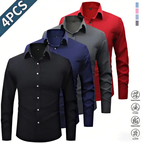 Men’s Solid-Color Long-Sleeve Shirts (4-Pack) - Fashion Apparel with Notched Lapel Collar, Comfortable Neck Button Placement, Sharp Structured Fit, Stretch Fabric, Mens Gifts for Fathers Day, 4 Shirts Refresh Your Rotation,sohochic