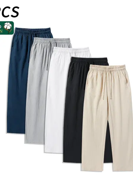 4 Pieces 100% Cotton Linen Pants for Men & Women, Summer Casual Elastic Waist Drawstring Wide Leg Breathable Pants