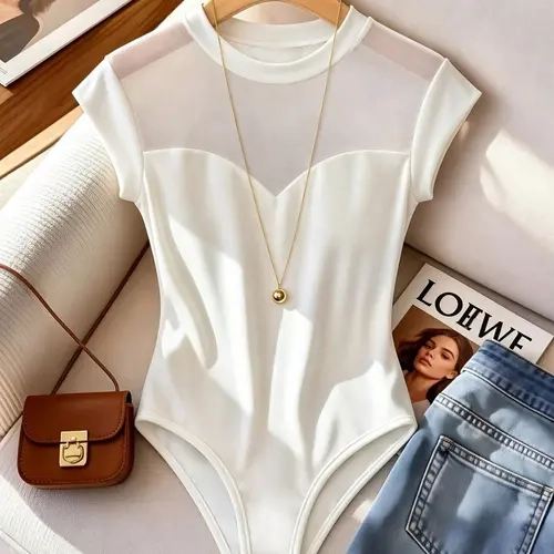 Summer Women's Fashion Elegant Minimalist Basic Versatile Round Neck Bodysuit Tops, Fashionable Bodysuits, Mesh Patchwork Breathable Sexy Fitted Slim Fit, Casual for Daily Wear, Vacation, Dating