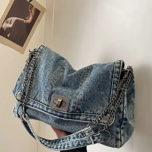 Women's Denim Shoulder Bag, Large Capacity Chic Chain Strap Crossbody Bag for Daily Use, Casual Trendy Versatile Daily Commuting Bag