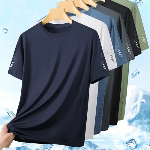Men's 4-Pack Dry Fit Active Breathing Short-Sleeve T-Shirts, Quick-Drying Gym Activewear, Breathable Summer Round Neck Tops with Reflective Logo, Built for Gym, Runs, Daily Sports