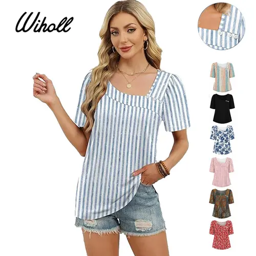 WIHOLL Women's Stripe Tops, Dressy Casual Short Sleeve Boat Neck Shirts with Button Detail, Loose Fit Summer Blouse, Lady, Women's Fashion, Elegant, Polyester Blend, Casual Blouse,clothes for back to school,first day of school outfits,sohochic
