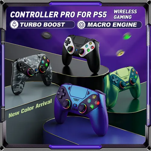 Wireless Pro Gamepad for PS5 Console - LED RGB Light, Turbo, Macro Programmable Buttons, Dual Vibration, Motion Sensing, Anti-Drift Calibration Guide, 1000mAh Fast Charging, Plug Connection, Memory Function Compatibility with Playstation 5, Gaming Stuff,s