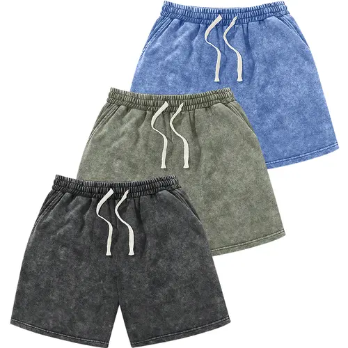 Men's Summer Cotton Acid Washed Distressed Loose-Fit Drawstring Athletic Shorts - Elastic Waist, Pockets, Sporty Style for Vacation, Gym, Gift for Boyfriend/Husband Menswear Bottoms Casual Fabric Vintage Fashion Basic Breathable Classic