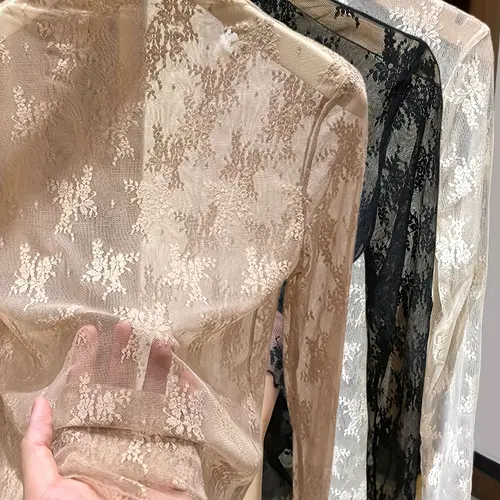Women's Lace Long Sleeve Top, Half High Neck Design, Three-Piece Set, Fall & Winter Fashion, Inner Layer Mesh Top, Bohemian Womenswear, Casual Breathable Elegant Style, Vintage Floral Clothing