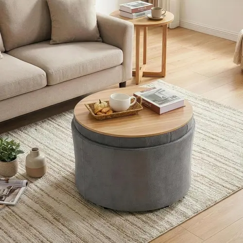 ONBRILL 24.8" Wide Round Foldable Foam Cushion Storage Ottoman Coffee Table - Casual Modern Clean-Line Design, Lift-Off Lid Hidden Storage, Sturdy Iron Frame, Single Seat Foot Rest Stools, Furniture Living Room Small Room Ideas
