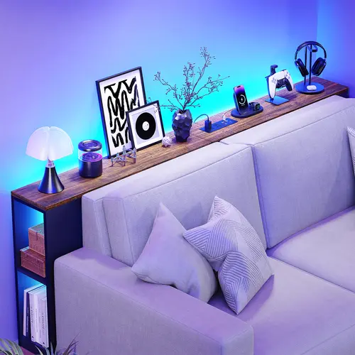 BROTTAR 79" Industrial Behind Couch Table - Rustic Brown Woodgrain Aesthetic LED Accent Living Room Furniture with Built-in LED Lights, Outlet, Human Body Sensor, Storage (Narrow Console for Entryway, Living Room), Illuminated Base Living Room Furniture,