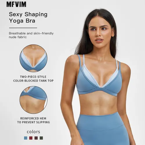 MFVIM Elegant Yoga Bra Tank Top, Thin Strap Design, Colorblock Faux Two-Piece, High Quality for Running and Fitness, Stylish Sports Top, Breathable Sports Bra,summerwins